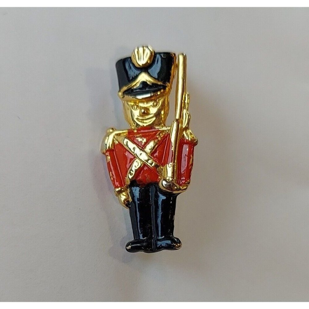 Vintage Gold Tone Enamaled Christmas Soldier Pin Brooch + Gift Bag